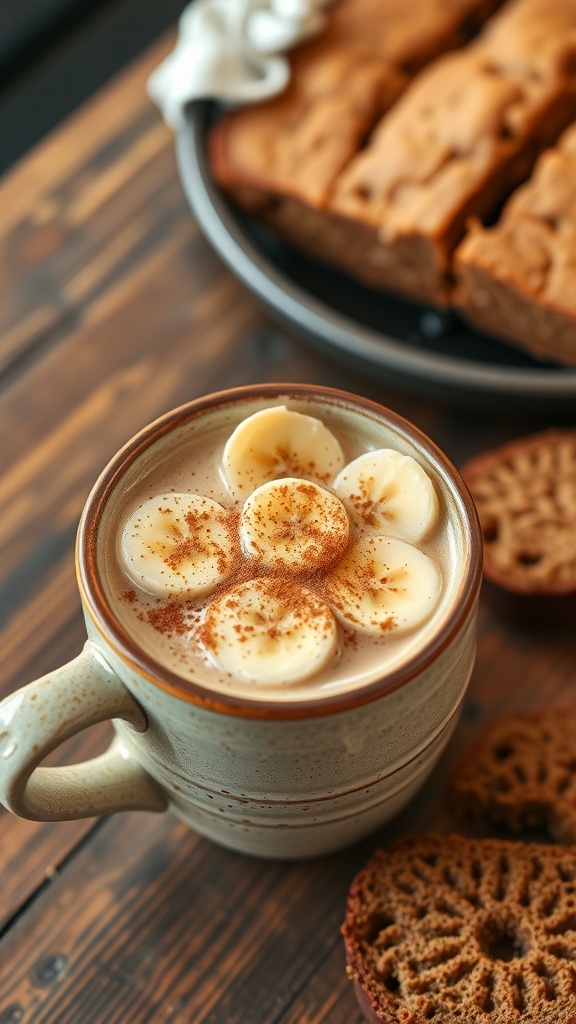 A cup of banana bread coffee with cinnamon and banana slices, alongside a slice of banana bread on a wooden table.